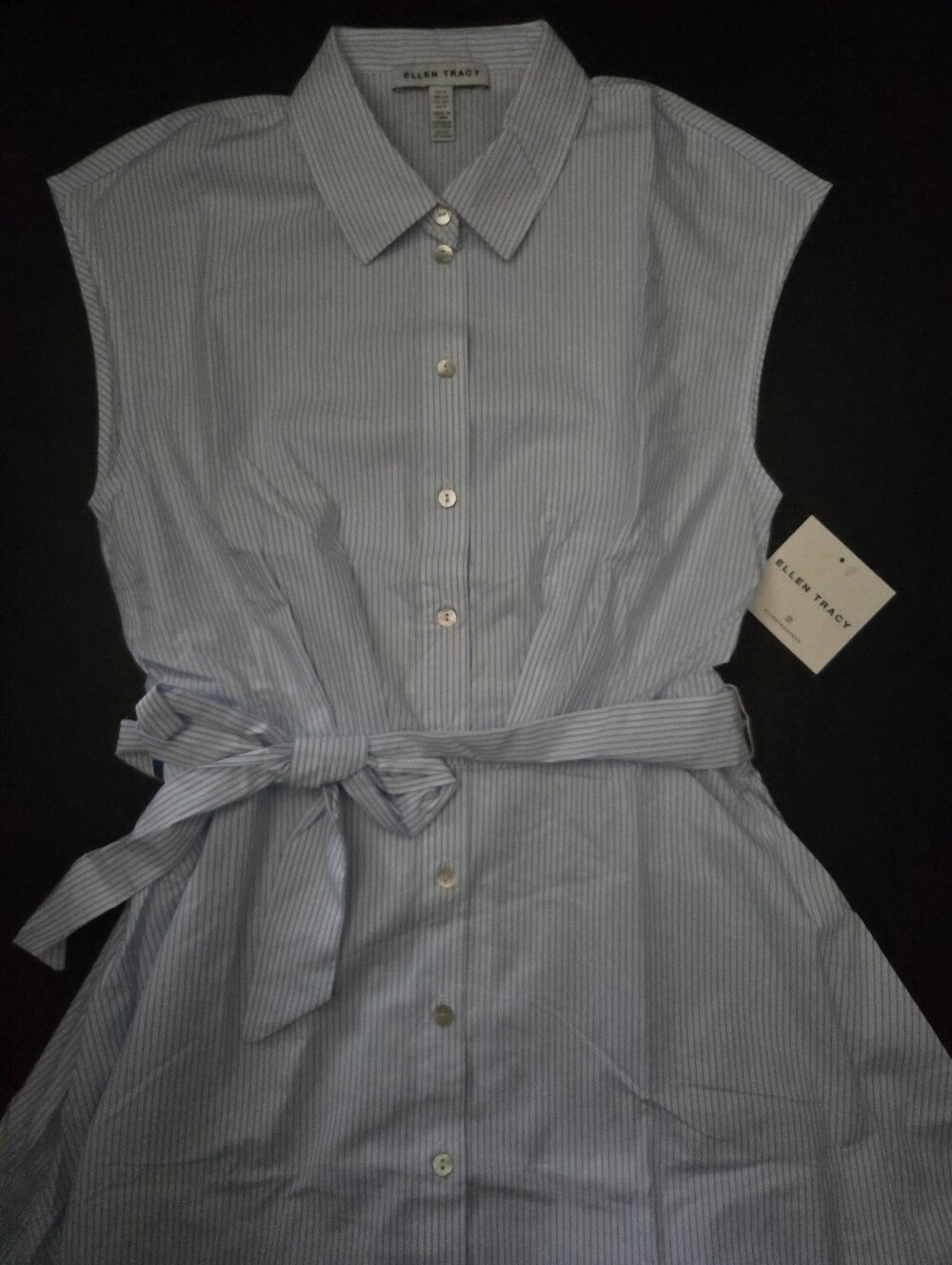 NWT - Ellen Tracy Cotton Blue Pinstripe Embroidered Hem Maxi Shirtdress - L - Picture 8 of 16